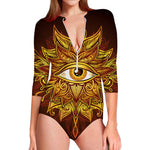 Gold All Seeing Eye Print Long Sleeve Swimsuit