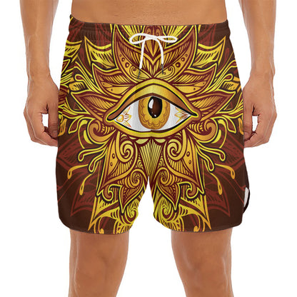 Gold All Seeing Eye Print Men's Split Running Shorts