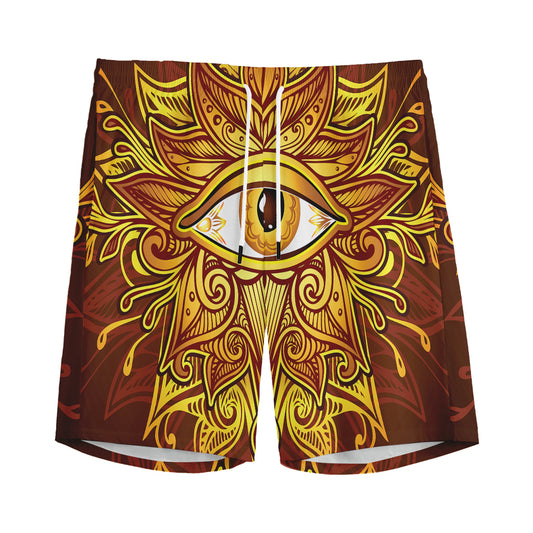 Gold All Seeing Eye Print Men's Sports Shorts