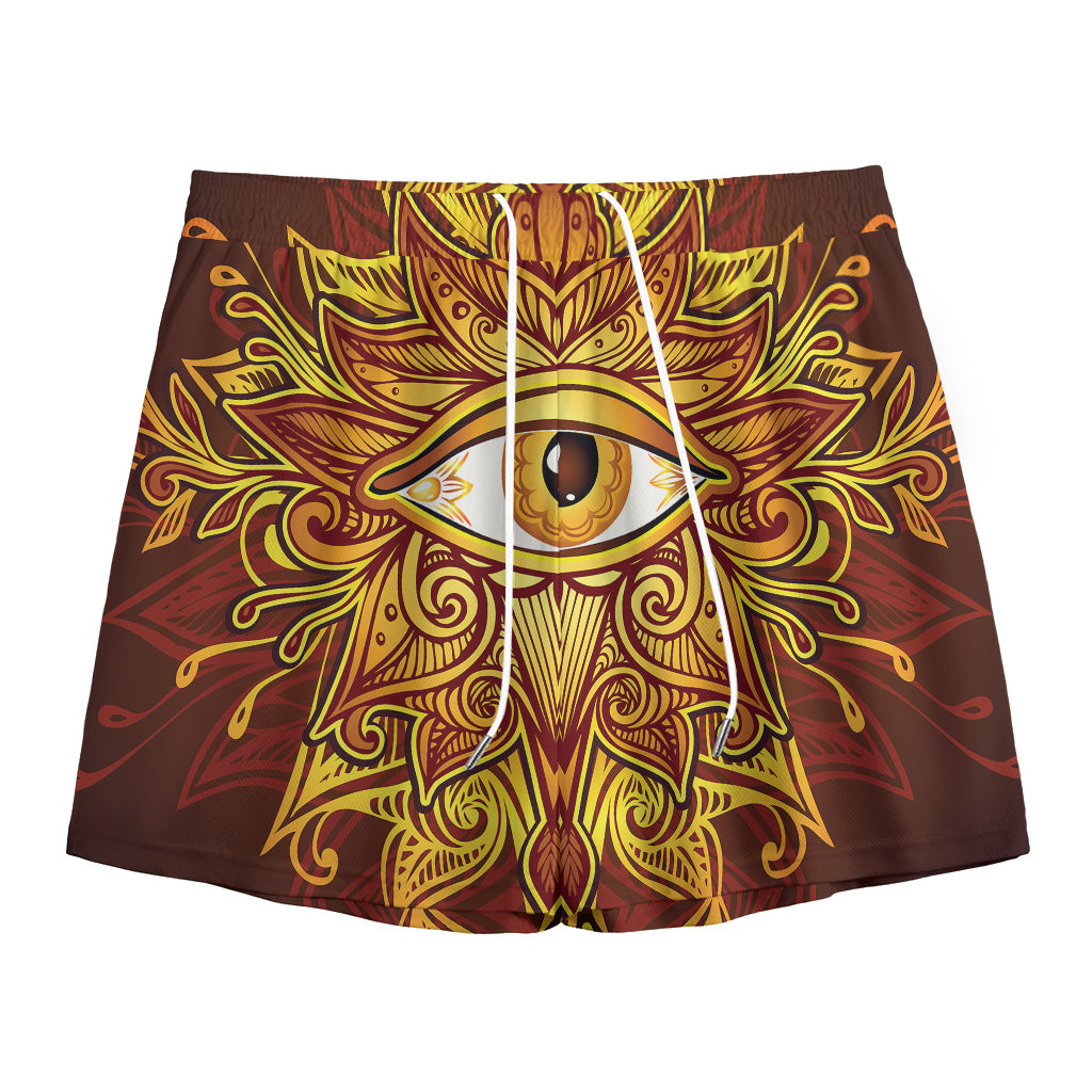 Gold All Seeing Eye Print Mesh Shorts