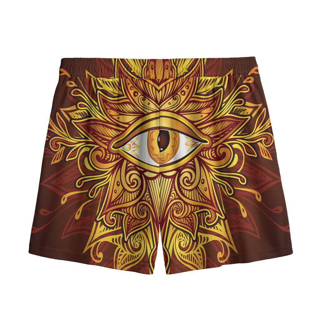 Gold All Seeing Eye Print Mesh Shorts