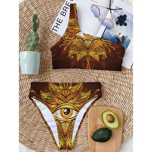 Gold All Seeing Eye Print One Shoulder Bikini Top