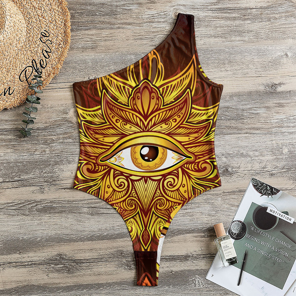 Gold All Seeing Eye Print One Shoulder Bodysuit