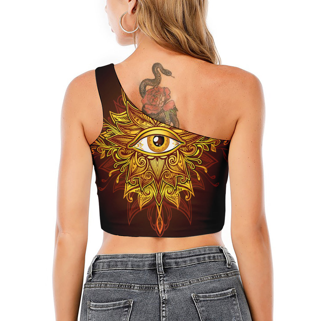 Gold All Seeing Eye Print One Shoulder Crop Top