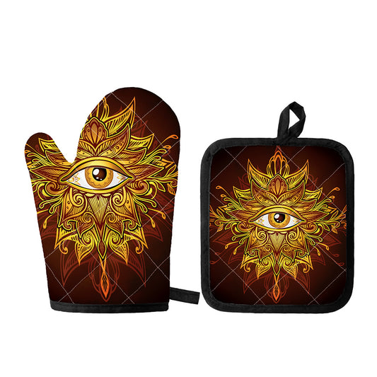 Gold All Seeing Eye Print Oven Mitt And Pot Holder Set