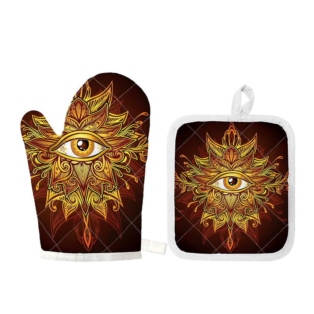 Gold All Seeing Eye Print Oven Mitt And Pot Holder Set