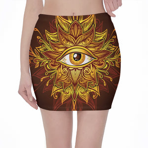 Gold All Seeing Eye Print Pencil Mini Skirt