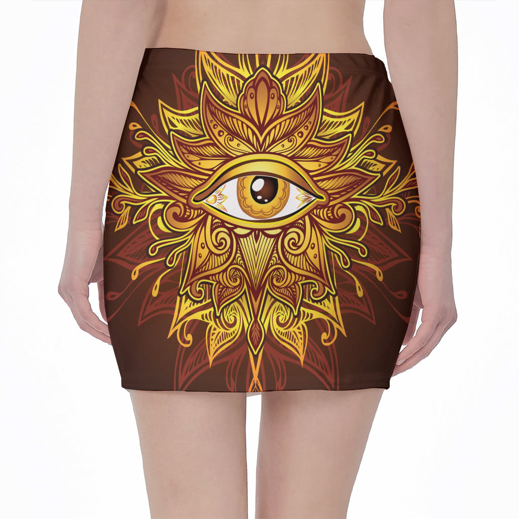 Gold All Seeing Eye Print Pencil Mini Skirt