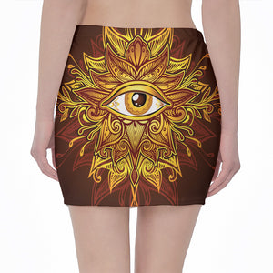 Gold All Seeing Eye Print Pencil Mini Skirt