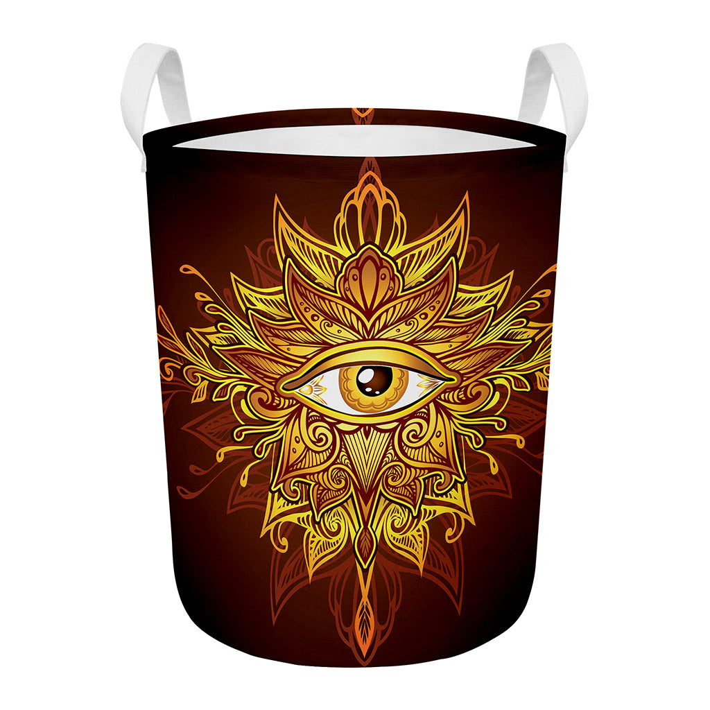 Gold All Seeing Eye Print Round Laundry Basket