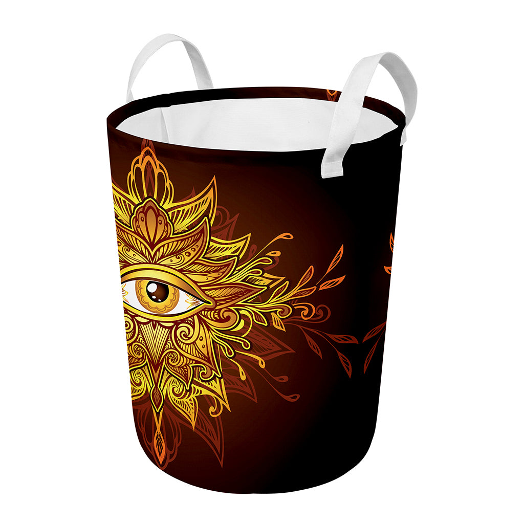 Gold All Seeing Eye Print Round Laundry Basket