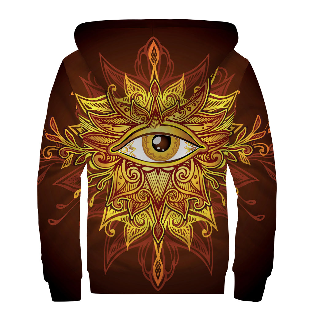 Gold All Seeing Eye Print Sherpa Lined Zip Up Hoodie