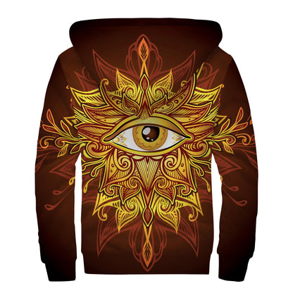 Gold All Seeing Eye Print Sherpa Lined Zip Up Hoodie