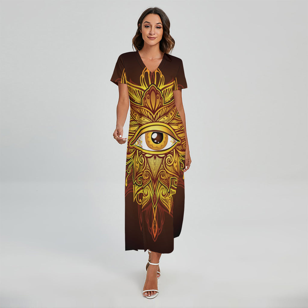 Gold All Seeing Eye Print Short Sleeve Maxi Dress