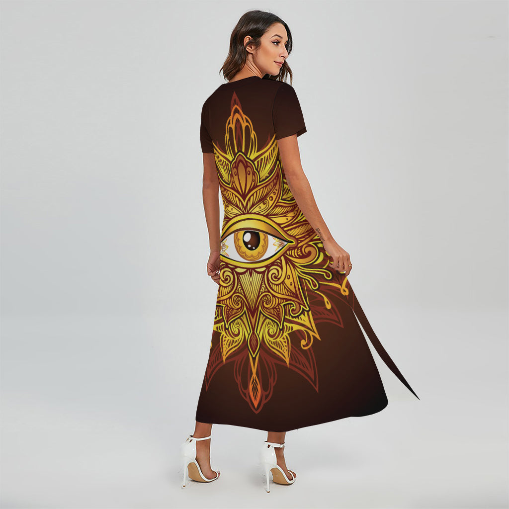 Gold All Seeing Eye Print Short Sleeve Maxi Dress