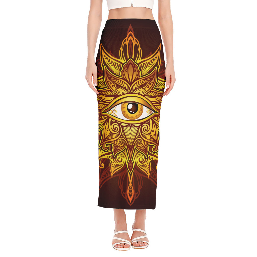 Gold All Seeing Eye Print Side Slit Maxi Skirt