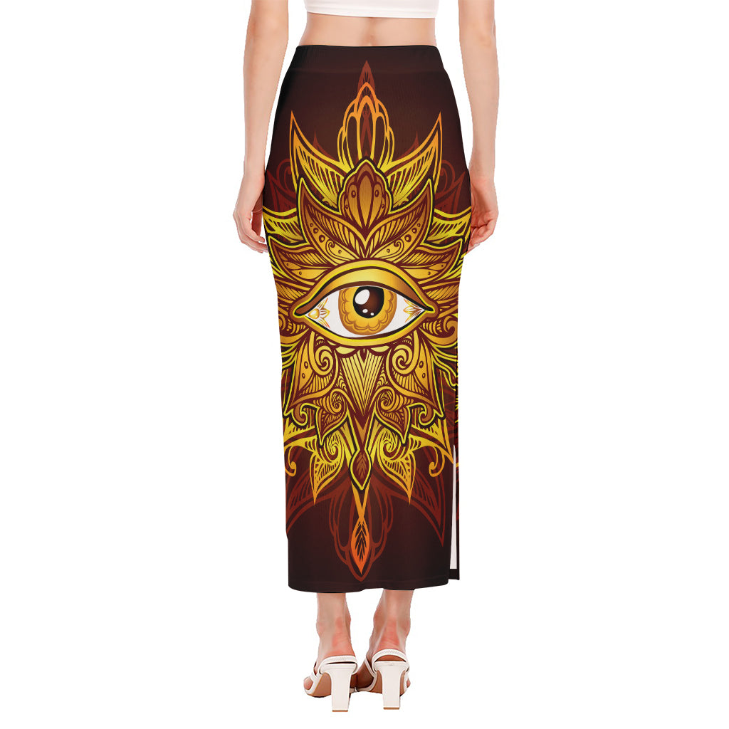 Gold All Seeing Eye Print Side Slit Maxi Skirt