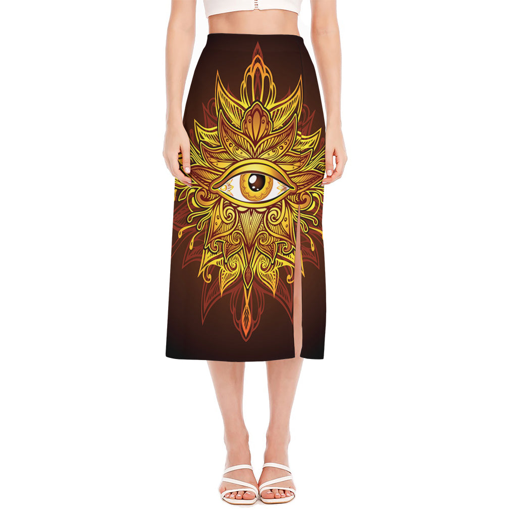 Gold All Seeing Eye Print Side Slit Midi Skirt