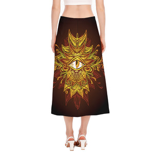 Gold All Seeing Eye Print Side Slit Midi Skirt