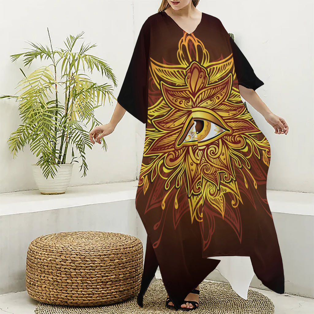 Gold All Seeing Eye Print Silk V-Neck Kaftan Dress