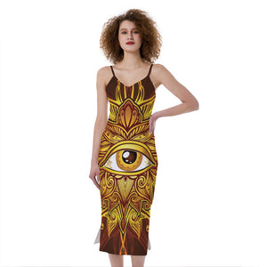 Gold All Seeing Eye Print Slim Fit Midi Cami Dress