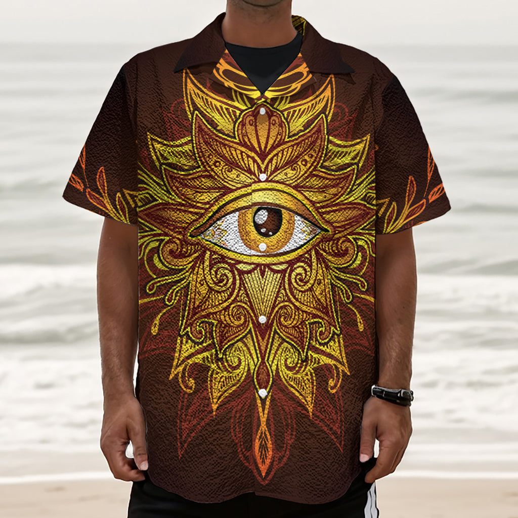 Gold All Seeing Eye Print Textured Short Sleeve Shirt