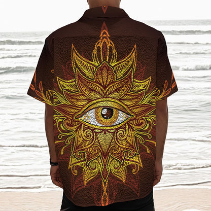 Gold All Seeing Eye Print Textured Short Sleeve Shirt