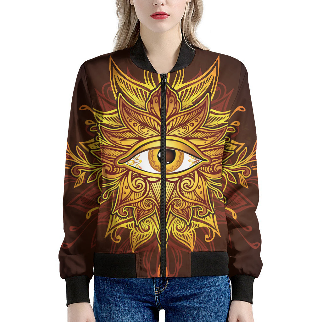 Gold All Seeing Eye Print Women's Bomber Jacket