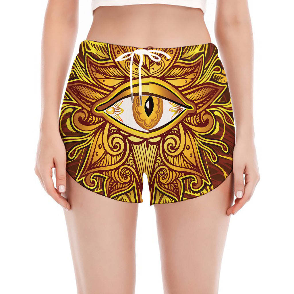 Gold All Seeing Eye Print Women's Split Running Shorts