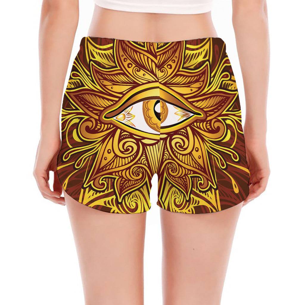 Gold All Seeing Eye Print Women's Split Running Shorts