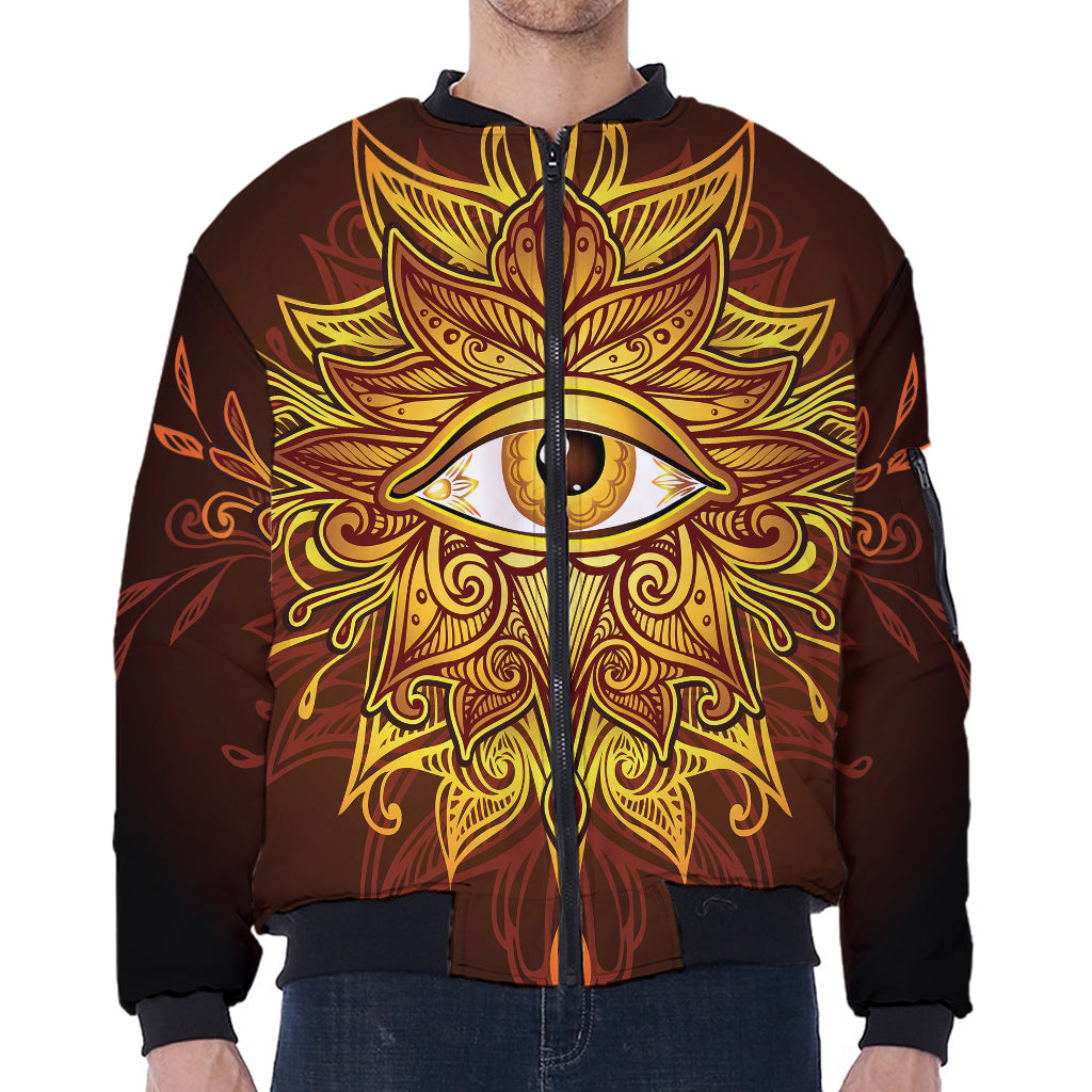 Gold All Seeing Eye Print Zip Sleeve Bomber Jacket