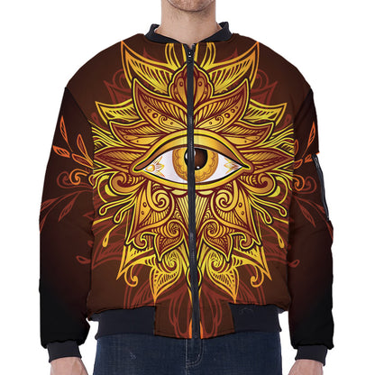 Gold All Seeing Eye Print Zip Sleeve Bomber Jacket