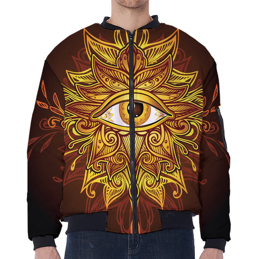 Gold All Seeing Eye Print Zip Sleeve Bomber Jacket