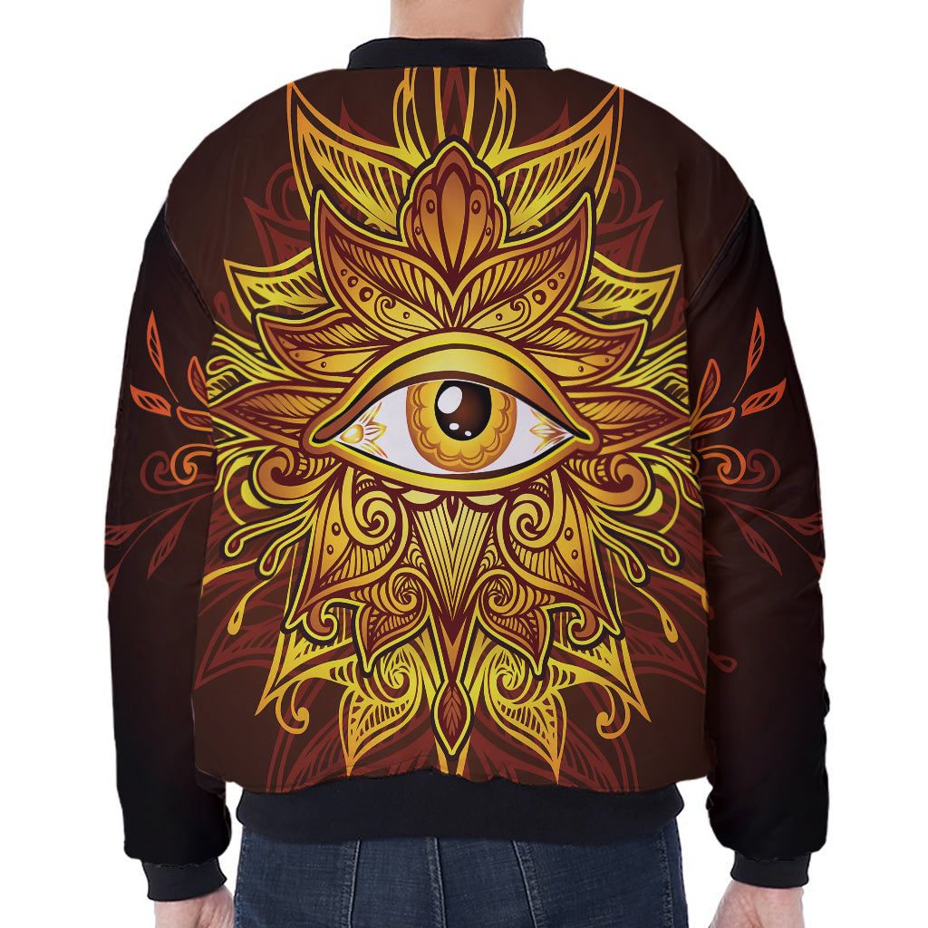 Gold All Seeing Eye Print Zip Sleeve Bomber Jacket