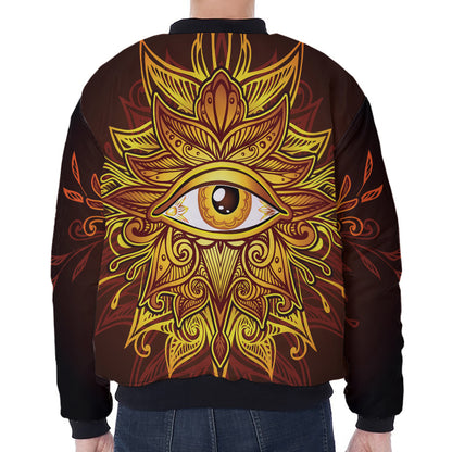 Gold All Seeing Eye Print Zip Sleeve Bomber Jacket