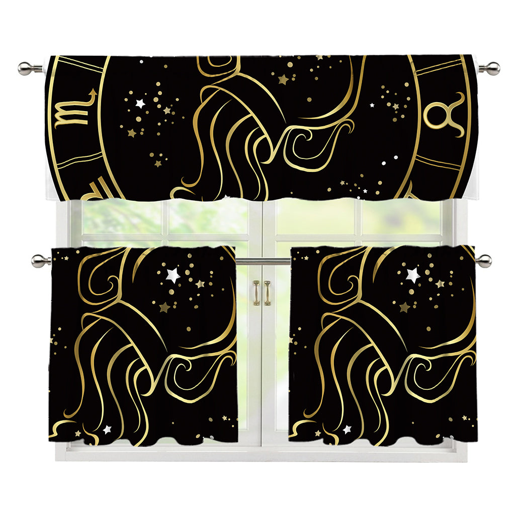 Gold And Black Aquarius Sign Print 3 Piece Kitchen Curtains