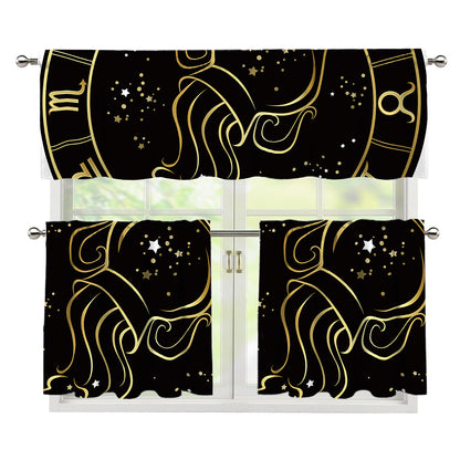 Gold And Black Aquarius Sign Print 3 Piece Kitchen Curtains