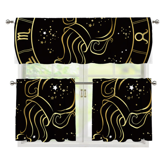 Gold And Black Aquarius Sign Print 3 Piece Kitchen Curtains