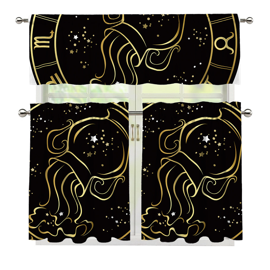 Gold And Black Aquarius Sign Print 3 Piece Kitchen Curtains
