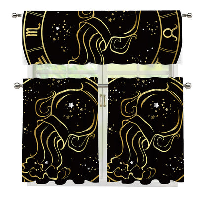 Gold And Black Aquarius Sign Print 3 Piece Kitchen Curtains