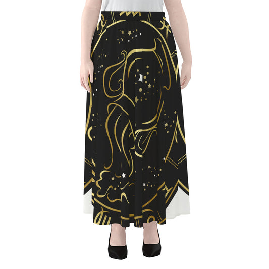 Gold And Black Aquarius Sign Print Chiffon Maxi Skirt
