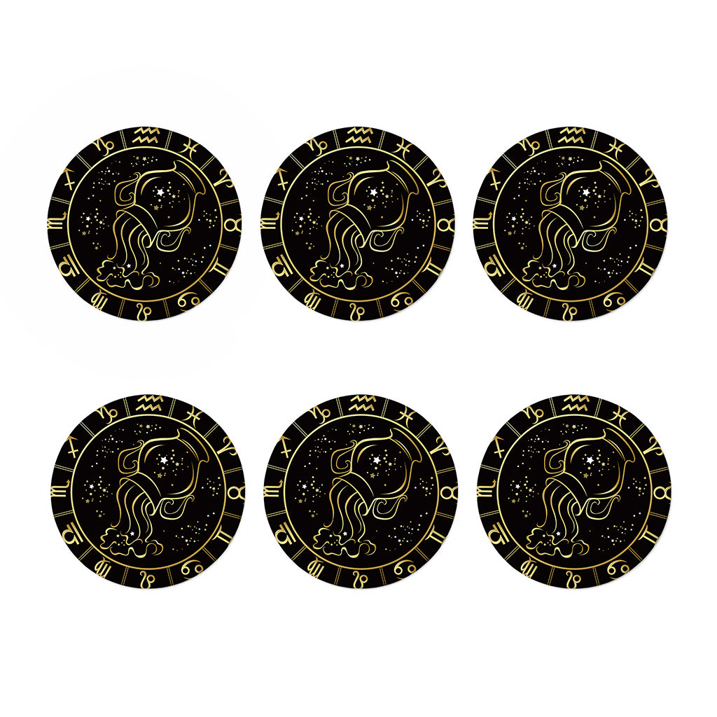 Gold And Black Aquarius Sign Print Coaster Set