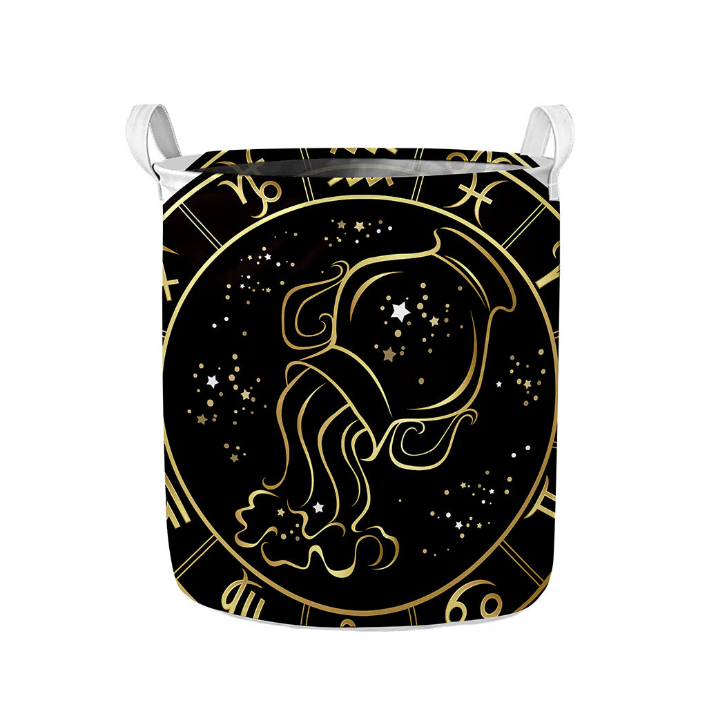Gold And Black Aquarius Sign Print Collapsible Laundry Basket