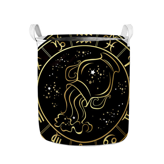Gold And Black Aquarius Sign Print Collapsible Laundry Basket