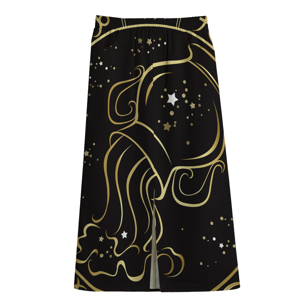 Gold And Black Aquarius Sign Print Cotton Front Slit Maxi Skirt