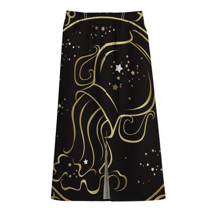 Gold And Black Aquarius Sign Print Cotton Front Slit Maxi Skirt