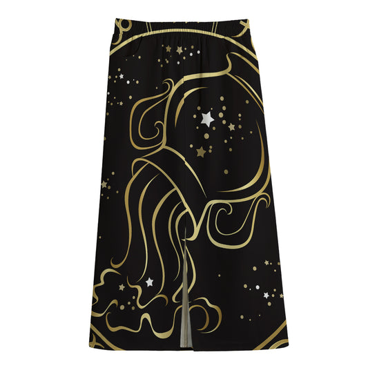 Gold And Black Aquarius Sign Print Cotton Front Slit Maxi Skirt