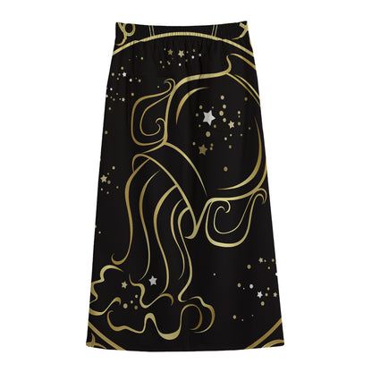 Gold And Black Aquarius Sign Print Cotton Front Slit Maxi Skirt