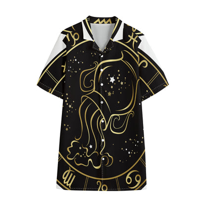 Gold And Black Aquarius Sign Print Cotton Hawaiian Shirt