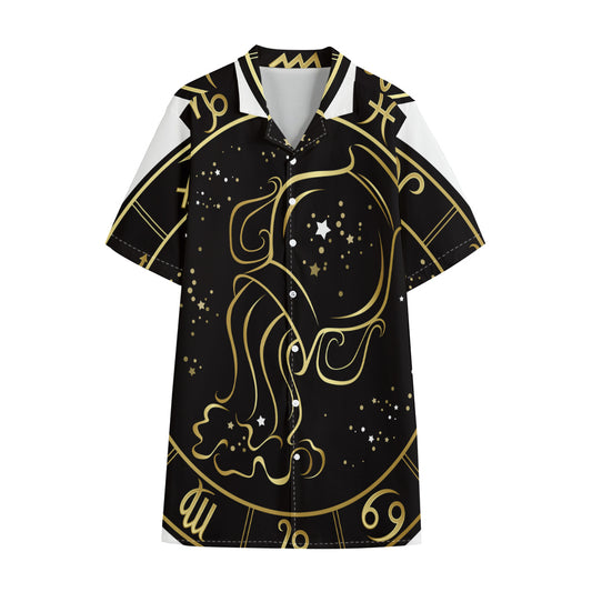 Gold And Black Aquarius Sign Print Cotton Hawaiian Shirt